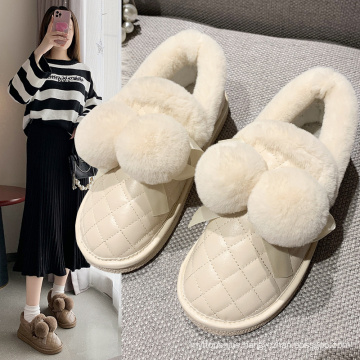 Waterproof Leather Winter Snow Fashion Fur Slippers Outdoor Indoor Flats Warm Plush Comfortable Non-Slip Women Shoes